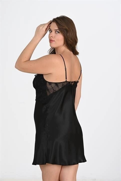 Çamaşır Kenti Premium Büyük Beden Saten Dantel Işlemeli Siyah 2'li Gecelik Sabahlık Takımı Bigsize görsel 2