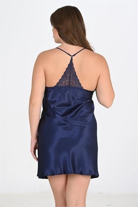 Çamaşır Kenti Premium Büyük Beden Saten Dantel Işlemeli Lacivert 2'li Gecelik Sabahlık Takımı Bigsize