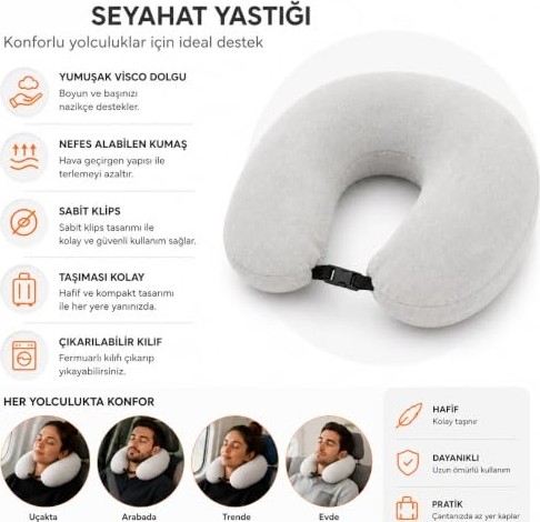Ayrex Orret Home U Tipi Seyahat Yastığı Visco Boyun Yastığı Klipsli Hafızalı Sünger, Çıka görsel 3