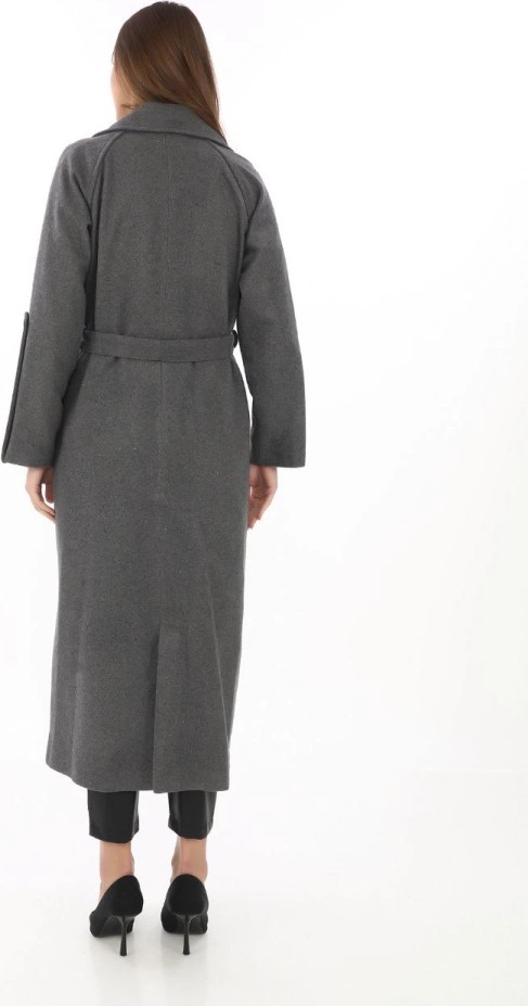 Gökyüzü Moda Uzun Kaşe Kaban, Yünlü Dokuma Kaşmir Kumaş, Kruvaze Yaka, Kuşaklı Astarlı Tesettür Uyumlu Şık Kışlık Siyah Model - Füme görsel 2