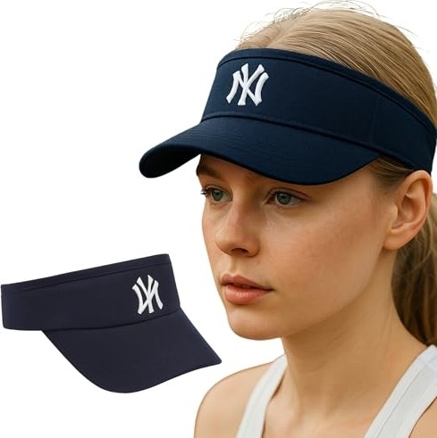 1001 Vizör Şapka Ny Logolu Ayarlanabilir Pamuklu Tenis Golf Spor Şapkası Unisex Lacivert görsel 2