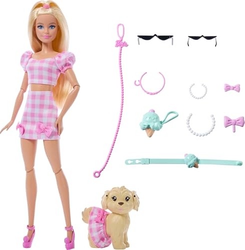 Die Grup Barbie Uyumlu Dostlar Sarı Saçlı Bebek ve Köpekçiği, Pötikare Desenli, Pembe Renkli Kıyafetler Giyen ve Güneş Gözlüğü, Kolye ve Fiyonk Gibi Aksesuarlar Takan, JFP36