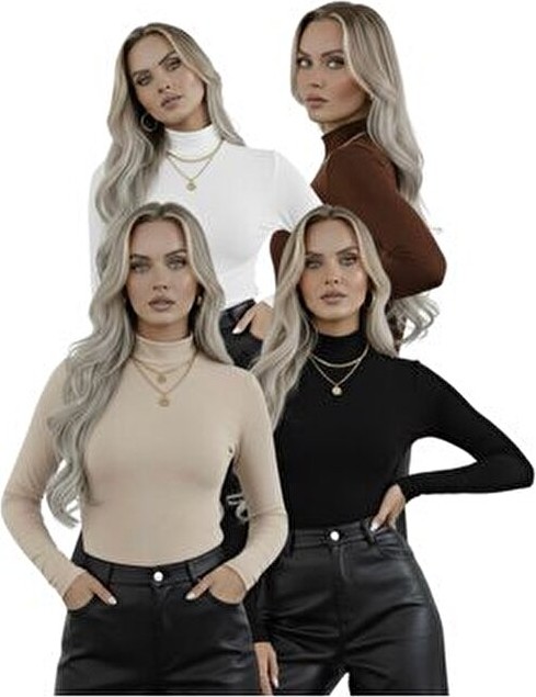 Hashtag Kadın Balıkçı Yaka Uzun Kollu Body 4'lü Set Viskon Kumaş