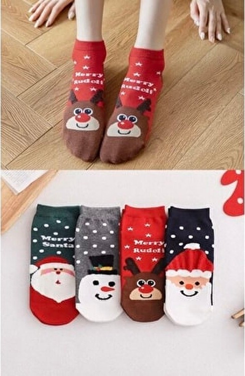 Worthy Socks Yılbaşı Desenli Kadın Patik Çorap 4 Çift Örme Çok Renkli Yıkamalı Bilek Çoraplar