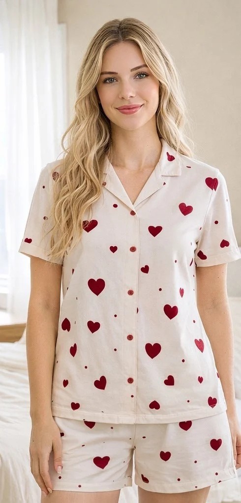 Kadın Kalp Desenli Boydan Düğmeli Kısa Kollu Şort Pijama Takımı, Rahat & Şık Yazlık Ev Giyim 76-104