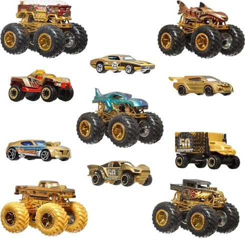 Aesco Hot Wheels® Monster Trucks Bigfoot Trophy Şampiyonları Araba ve Kamyon Çoklu Arabalar, Metal Bigfoot, 5-Alarm, Bone Shaker, Mega-Wrex, Tiger Shark ve 6 Araba, JDW07 görsel 4