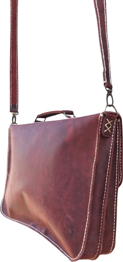 Semiramis Zeus Model Deri El Yapımı Çift Körüklü Vintage Unisex Bordo Evrak Çantası görsel 3