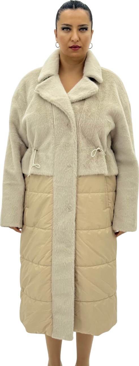 AlanyaXXL Büyük Beden Kürklü Düğmeli Şişme Uzun Oversize Kadın Kaban görsel 7