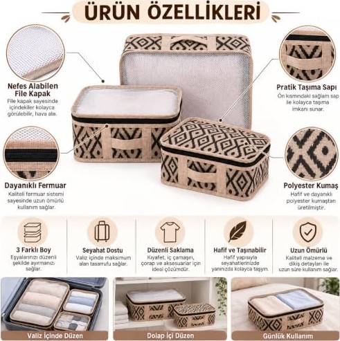 1001 3’lü Bavul Valiz Organizer Seti, Fermuarlı File Kapaklı Hurç Tipi Seyahat Düzenleyici, Kıyaf görsel 5