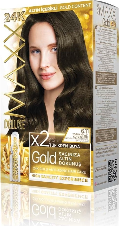 Aesco Maxx Deluxe Gold Serisi 24K Altın Parçacıklı Serum ile 1 Kutu 2 x 50 ml ve Geliştiriciler Saç Boyası (Yoğun Küllü Koyu Kumral 6.11)
