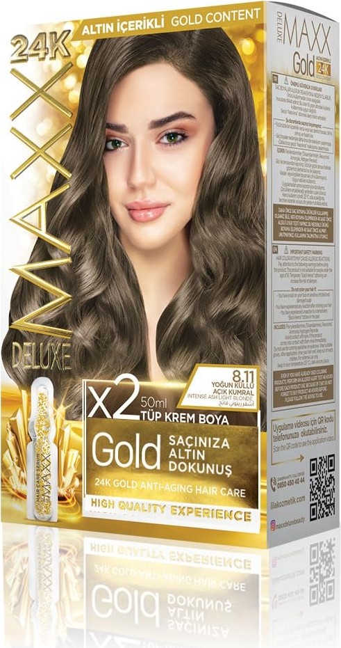 Aesco Maxx Deluxe Gold Serisi 24K Altın Parçacıklı Serum ile 1 Kutu 2 x 50 ml ve Geliştiriciler Saç Boyası (Yoğun Küllü Açık Kumral 8.11)