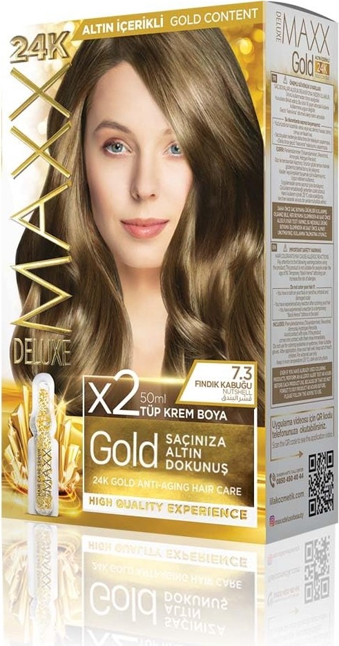 Esranın Dünyası Maxx Deluxe Gold Serisi 24K Altın Parçacıklı Serum ile 1 Kutu 2 x 50 ml ve Geliştiriciler Saç Boyası (Fındık Kabuğu 7.3)