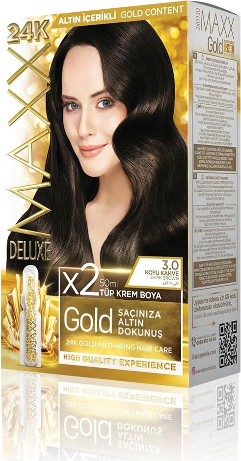 Aesco Maxx Deluxe Gold Serisi 24K Altın Parçacıklı Serum ile 1 Kutu 2 x 50 ml ve Geliştiriciler Saç Boyası (Koyu Kahve 3.0)