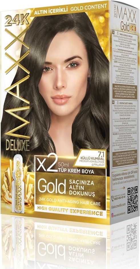 Aesco Maxx Deluxe Gold Serisi 24K Altın Parçacıklı Serum ile 1 Kutu 2 x 50 ml ve Geliştiriciler Saç Boyası (Küllü Kumral 7.1)