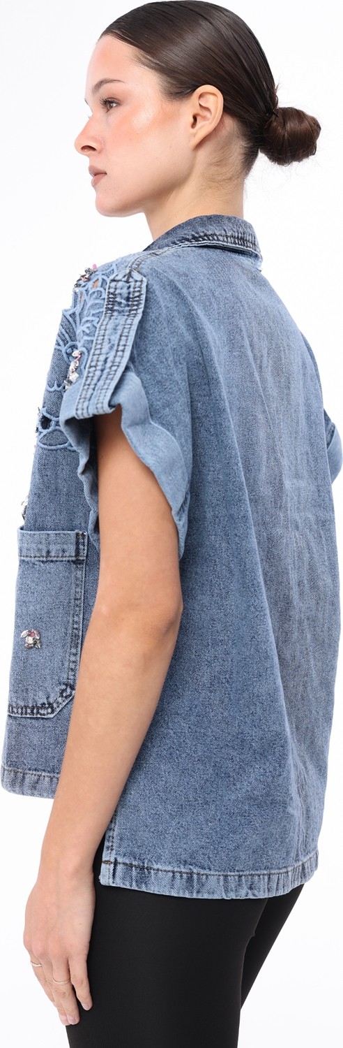 İnci Türkay Kadın Tasarım Denim Yelek Taş Boncuk Payet Işleme Detaylı Mavi Oversize Kalıp Bomber Yelek görsel 8