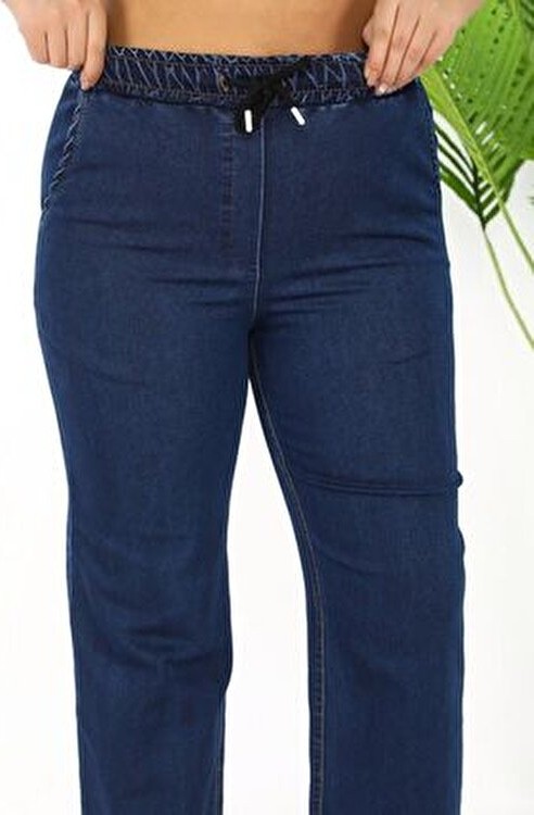 Gül Moda Beli Lastikli Bol Paça Kadın Kot Pantolon Likralı Pamuklu Lacivert G115-1 görsel 2