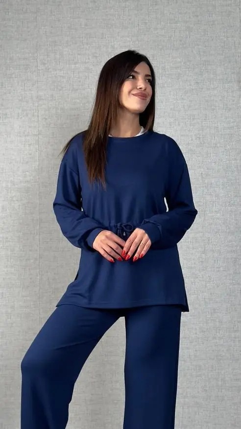 Kadın Uzun Kollu Bisiklet Yaka Belden Büzgülü Bağcıklı Viskon Iki Iplik Bluz ve Pantolon Ikili Takım