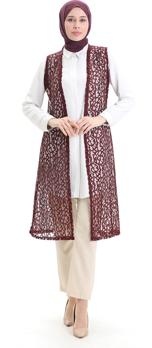 Sefa Merve Dantelli Uzun Yelek 8742-04 Bordo