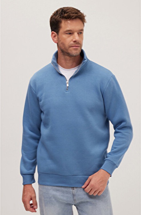 Tudors Unisex Relax Fit Rahat Kesim Pamuklu Içi Polarlı Yarım Fermuarlı Petrol Mavi Dik Yaka Sweatshirt