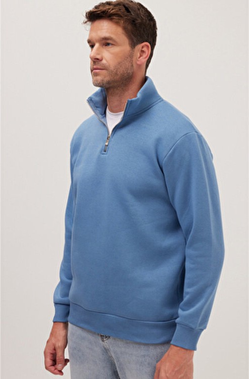 Tudors Unisex Relax Fit Rahat Kesim Pamuklu Içi Polarlı Yarım Fermuarlı Petrol Mavi Dik Yaka Sweatshirt görsel 4