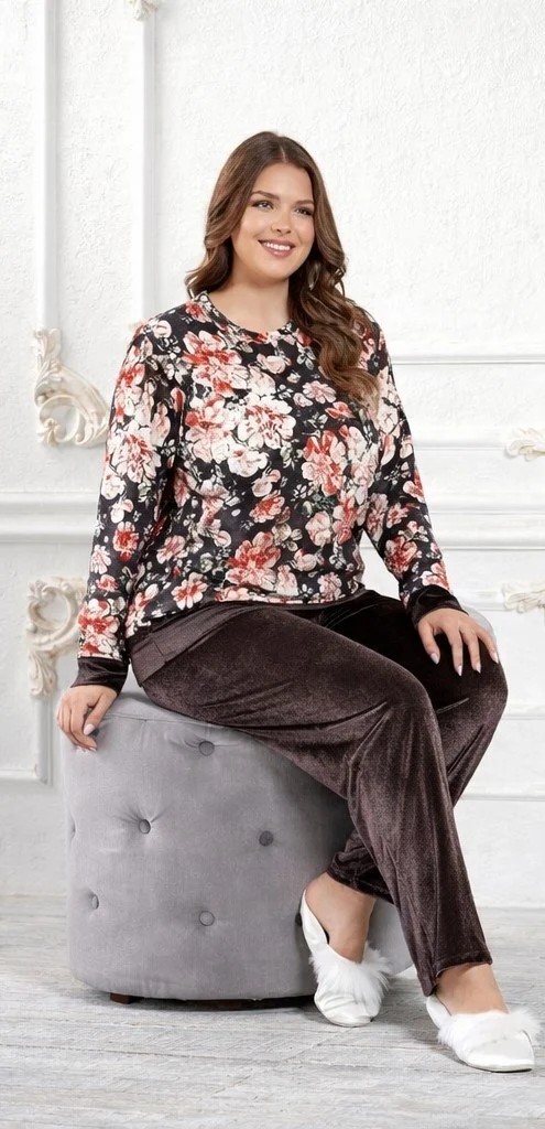 Flz Büyük Beden Kadife Pijama Takımı Kadın, Kışlık Çiçek Desenli Rahat Ev Giyimi FLZ B89-68 görsel 3