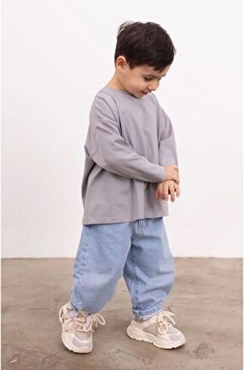 Unisex Çocuk Oversize Denim Pantolon Orta Kalınlıkta Geniş Paça Düz Desenli