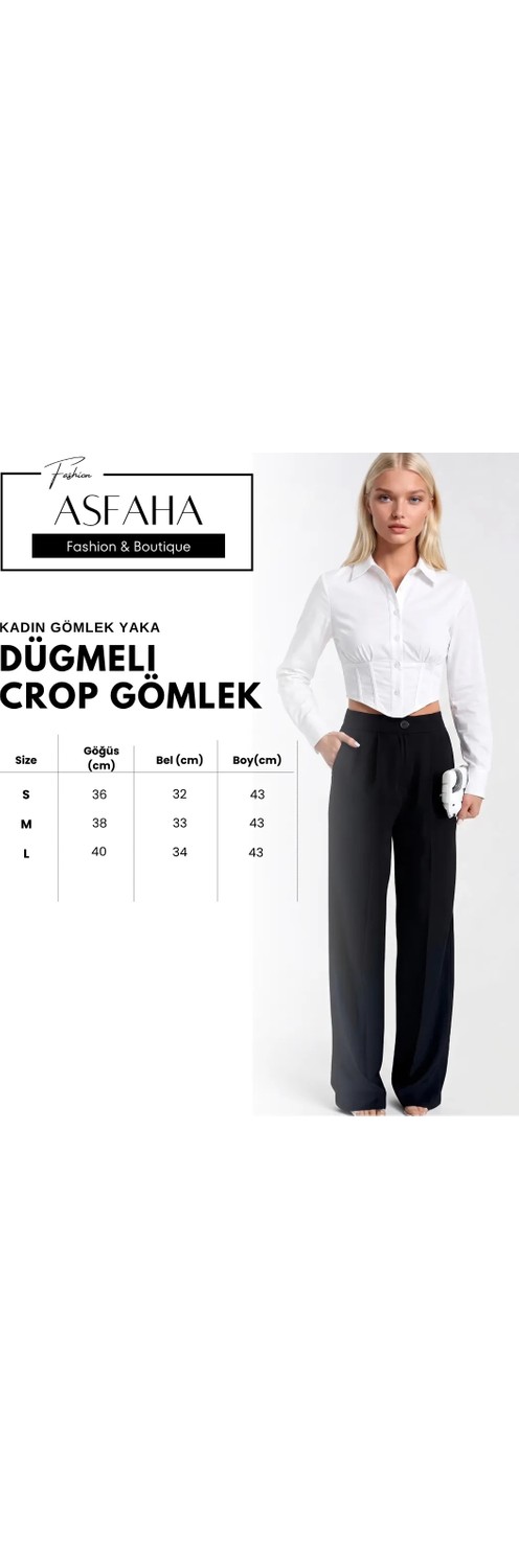 Asfaha Fashion Kadın Gömlek Yaka Düğmeli Crop Gömlek görsel 2