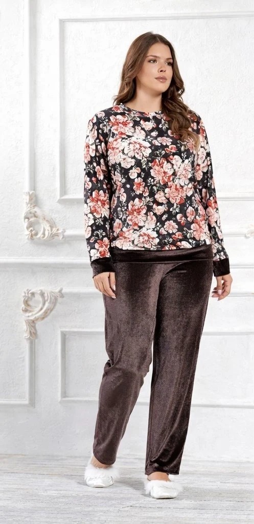 Flz Büyük Beden Kadife Pijama Takımı Kadın, Kışlık Çiçek Desenli Rahat Ev Giyimi FLZ B89-68