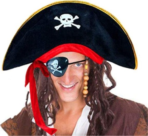 TeknoKapsül Yetişkin Boy Kadife Kaptan Jack Sparrow Korsan Şapkası ve Plastik Korsan Göz Maskesi