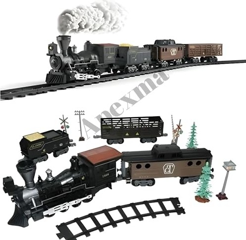 Die Grup Işıklı ve Sesli Buhar Çıkartan Tren - 29 Parça Raylı Buharlı Tren Demiryolu Seti görsel 3