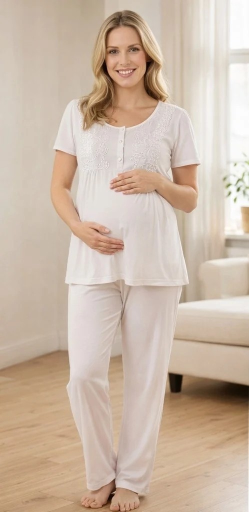 Flz Hamile Pijama Takımı, Dantel Detaylı Lohusa Pijama Rahat Yazlık Flz 24-82 görsel 2