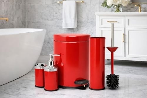Prime Eko Serisi Ayak Basmalı Özellikli 4' Lü Banyo Seti Çöp Kovası+Kolozet Fırçası+Sıvı Sabunluk+Fırçalık Paslanmaz Kırmızı görsel 2