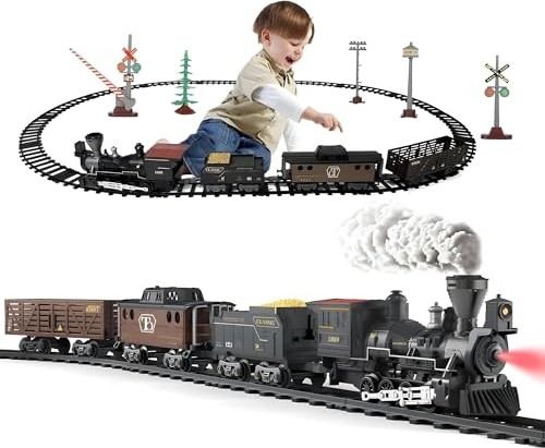 Aesco Işıklı ve Sesli Buhar Çıkartan Tren - 29 Parça Raylı Buharlı Tren Demiryolu Seti