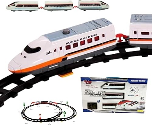Aesco Solira Store - 40 Parça Pilli Işıklı Hızlı Tren Oyun Seti 308 cm Şalterli ve Kavisli Raylı Ağaç Işaretli Tren Seti
