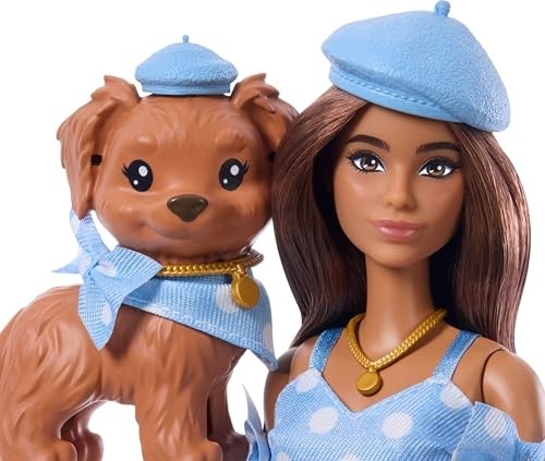 Die Grup Barbie Uyumlu Dostlar Kahverengi Saçlı Bebek ve Köpekçiği, Puantiye Desenli, Mavi Renkli Kıyafetler Giyen ve Bere, Çanta Gibi Aksesuarlar Takan, JFP38 görsel 3