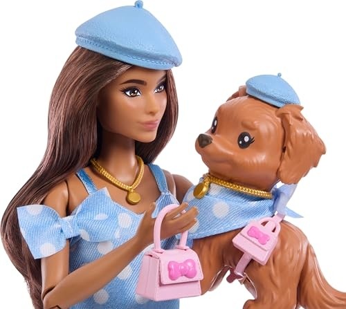 Aesco Barbie Uyumlu Dostlar Kahverengi Saçlı Bebek ve Köpekçiği, Puantiye Desenli, Mavi Renkli Kıyafetler Giyen ve Bere, Çanta Gibi Aksesuarlar Takan, JFP38 görsel 4