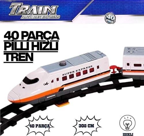 Aesco Solira Store - 40 Parça Pilli Işıklı Hızlı Tren Oyun Seti 308 cm Şalterli ve Kavisli Raylı Ağaç Işaretli Tren Seti görsel 2