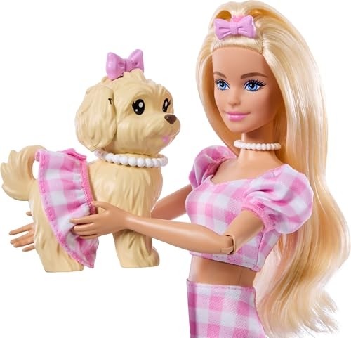 Aesco Barbie Uyumlu Dostlar Sarı Saçlı Bebek ve Köpekçiği, Pötikare Desenli, Pembe Renkli Kıyafetler Giyen ve Güneş Gözlüğü, Kolye ve Fiyonk Gibi Aksesuarlar Takan, JFP36 görsel 4