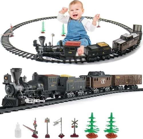 Aesco Işıklı Sesli Buharlı Tren Seti 30 Parça, Gerçek Buhar Efektli, Klasik Lokomotif Oyuncak Tren (135 cm Ray) görsel 4