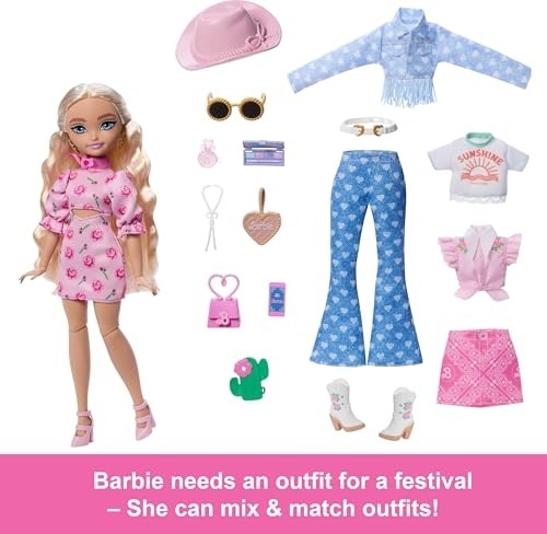 Die Grup Barbie Dream Besties Festival Kombinleri Seti, Şekillendirilmiş Uzun Sarı Saçlarıyla Barbie 'malibu' Bebek, 10'dan Fazla Çıkarılabilir Kıyafet ve Aksesuar, JGH87 görsel 2