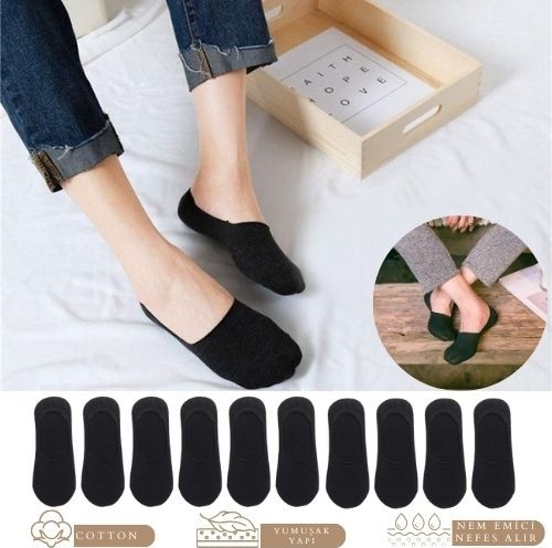 Kral Socks Kadın - Erkek Düz Desen (10 Çift) Pamuklu Terletmez Babet Çorap görsel 2