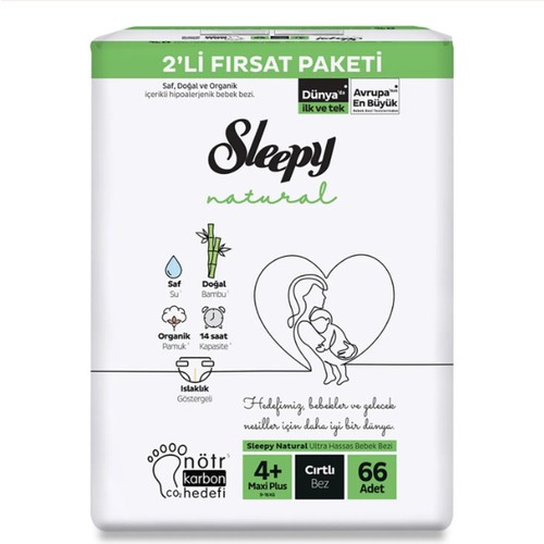 Sleepy Bebek Bezi Natural 4+ Beden Maxi Plus 9-16 kg 66'lı Fırsat Paket
