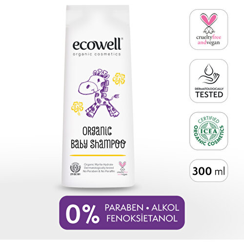 Ecowell Bebek Saç & Vücut Şampuanı, Organik & Vegan Sertifikalı, Parabensiz, Doğal Konak Önleyici 300 ml