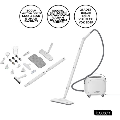 Icotech SC90 Pro 1500 W Multi Fonksiyonel Buharlı Temizlik Makinesi Dikey Kullanım ve 21 Aksesuar ile