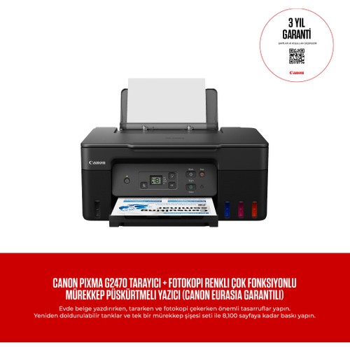 Canon Pixma G2470 Tarayıcı + Fotokopi Renkli Çok Fonksiyonlu Mürekkep Püskürtmeli Yazıcı