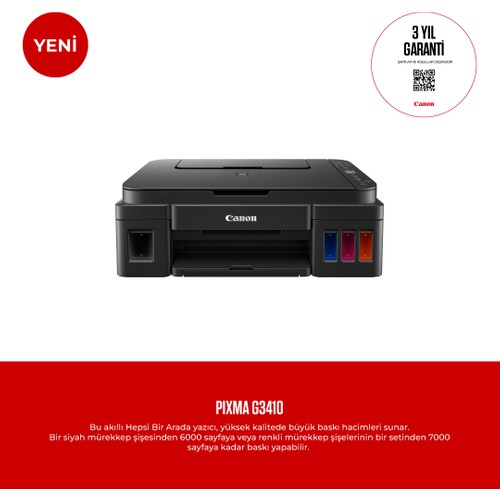 Canon Pixma G3410 Wi-Fi + Tarayıcı + Fotokopi Renkli Çok Fonksiyonlu Tanklı Yazıcı