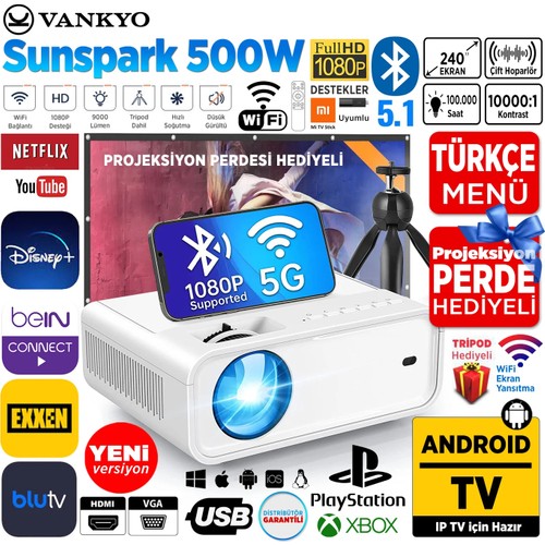 Vankyo Sunspark 500W Android TV 1080P Destekli Projeksiyon Cihazı 5G Wi-Fi + 5.1 Bluetooth