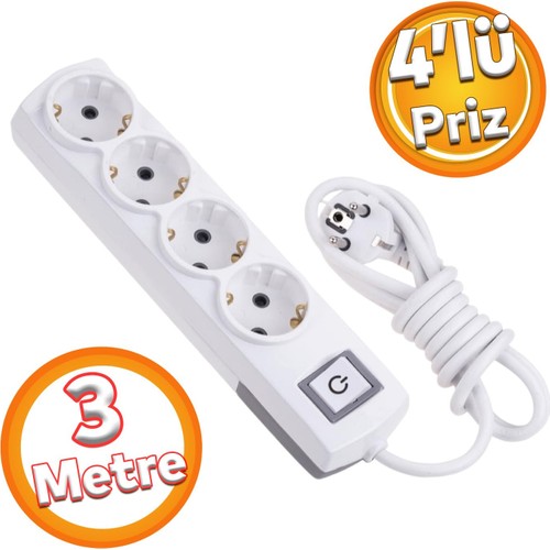 Badem10 Kablolu USB'li 4'lü Topraklı Grup Priz Fiş Çoğaltıcı 2 Metre Çoklu Asmalı Uzatma Kablosu Düğmesiz