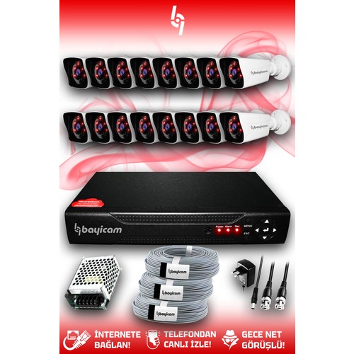 Bayicam 16 Kameralı Kare 16 Dış Kamera Set Hdd'siz Full Hd Görüşlü Güvenlik Kamerası Sistemi
