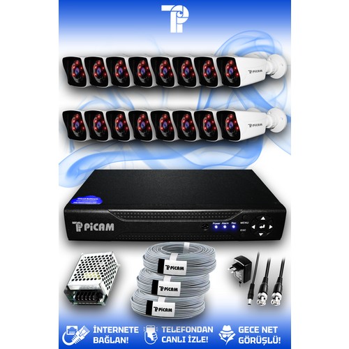 Picam 16 Kameralı Kare 16 Dış Kamera Set HDD'siz Full HD Görüşlü Güvenlik Kamerası Sistemi